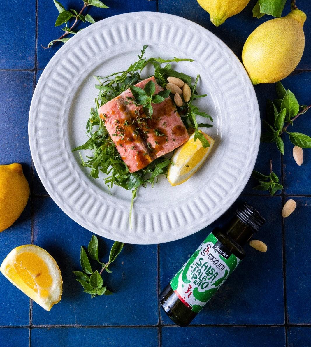 Pan-Seared Salmon with Aromatic Herbs and Guerzoni Acetaia Jalapeño Sauce